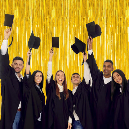 12 Pack 2025 Graduation Decorations, 3.28 FT x 7.05 FT Gold Backdrop Curtains, Metallic Class of 2025 Backdrop Fringe Curtains Foil Streamer, Gold Grad Decorations 2025 Party Supplies