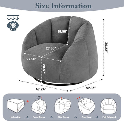 Giant Bean Bag Swivel Chair for Adults - Comfy Plush Round Shell Soft Accent Beanbag Chair, Oversized Cozy Floor Sofa Reading Chair for Living Room, Bedroom & Game Rooms, Gray