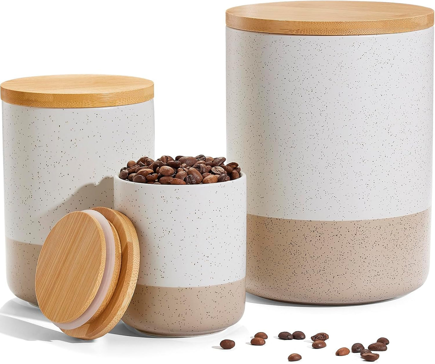 Yangbaga Canister Sets for Kitchen Counter, 80/40/20 OZ Large Ceramic Food Storage Jars with Airtight Wood Lids, Large Kitchen Canisters for Coffee, Sugar, Tea, Flour, Spice