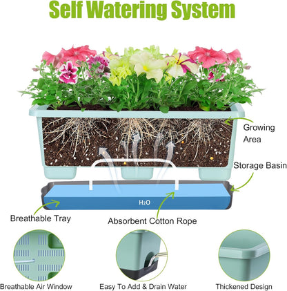 Window Box Planter 8 Pcs, 17 Inches Rectangle Flower Pots with Drainage Holes and Trays, Vegetable Planters for Windowsill Patio Garden Balcony Home Porch Yard Indoor Outdoor