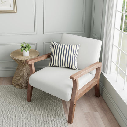 HNY Mid Century Armchair with Wood Frames, Linen Upholstered Living Room Arm Chair, for Living Room, Bedroom, Ivory