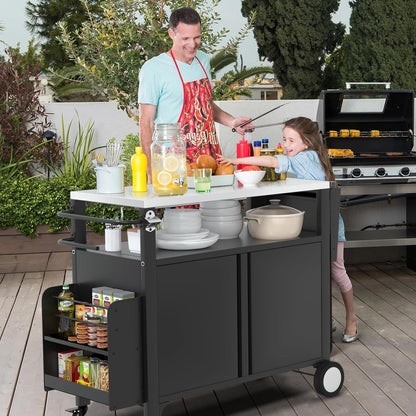 Outdoor Grill Cart with Wheels, Outdoor Kitchen Bar Cart Mobile BBQ with Foldable Stainless Steel Top & Storage Cabinet