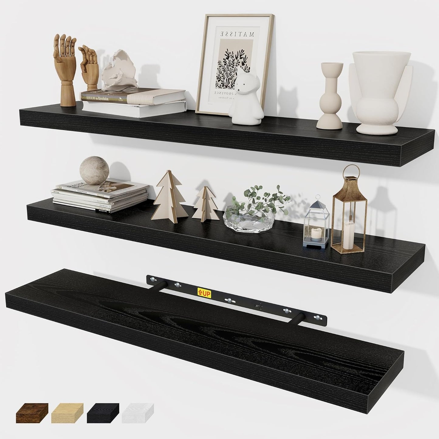 Fun Memories 32 Inch Floating Shelves Wall Shelf Set of 3, Black Bathroom Shelves 32 Inch, Farmhouse Home Decor Living Room, Kitchen Black Shelves for Wall, 32 x 6.7 x 1.4 Inch