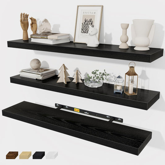 Fun Memories 32 Inch Floating Shelves Wall Shelf Set of 3, Black Bathroom Shelves 32 Inch, Farmhouse Home Decor Living Room, Kitchen Black Shelves for Wall, 32 x 6.7 x 1.4 Inch