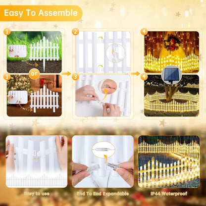 Hopolon 4 Pack Solar Garden Lights Outdoor, 11.1in (H) X 4.6ft (L) 144 Led White Picket Fence Border Solar Powered with Remote, Decorative Christmas Lights for Tree Yard Pet Barrier