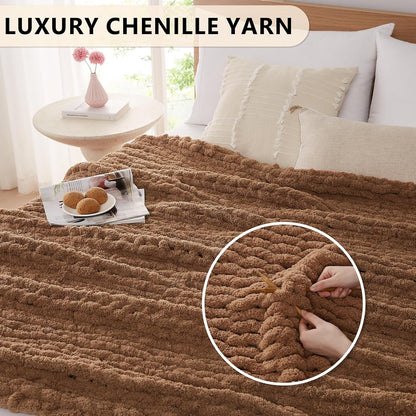 L'AGRATY Chunky Knit Blanket Throw: 72''x84'' Chenille Chunky Knitted Throw Blanket for Bed Couch - Handmade Thick Big Cable Knit Blanket - Large Chunky Crochet Rope Blanket for Home Decor(Brown)