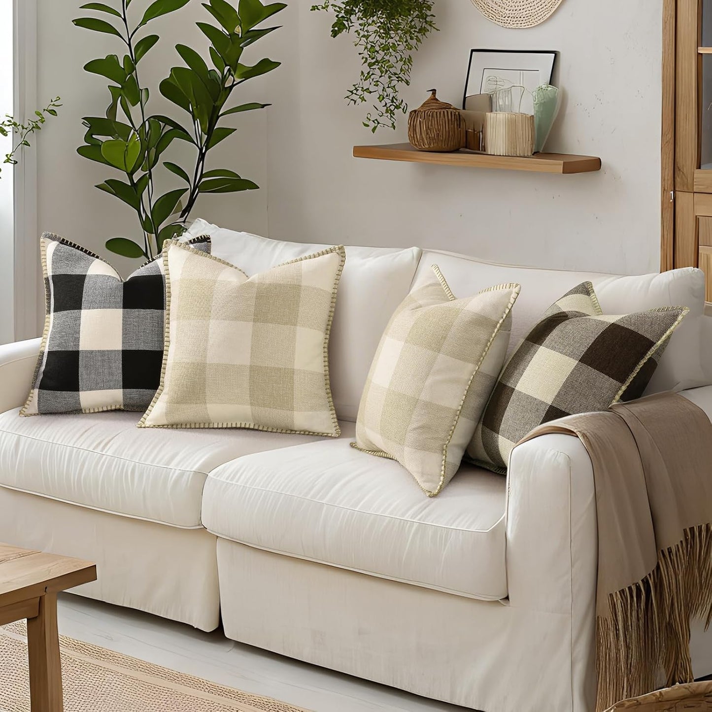 decorUhome Buffalo Plaid Check Throw Pillow Covers 22x22 Set of 2, Outdoor Decorative Farmhouse Neutral Pillow Covers with Stitched Edge for Bed Couch Sofa, Black and White