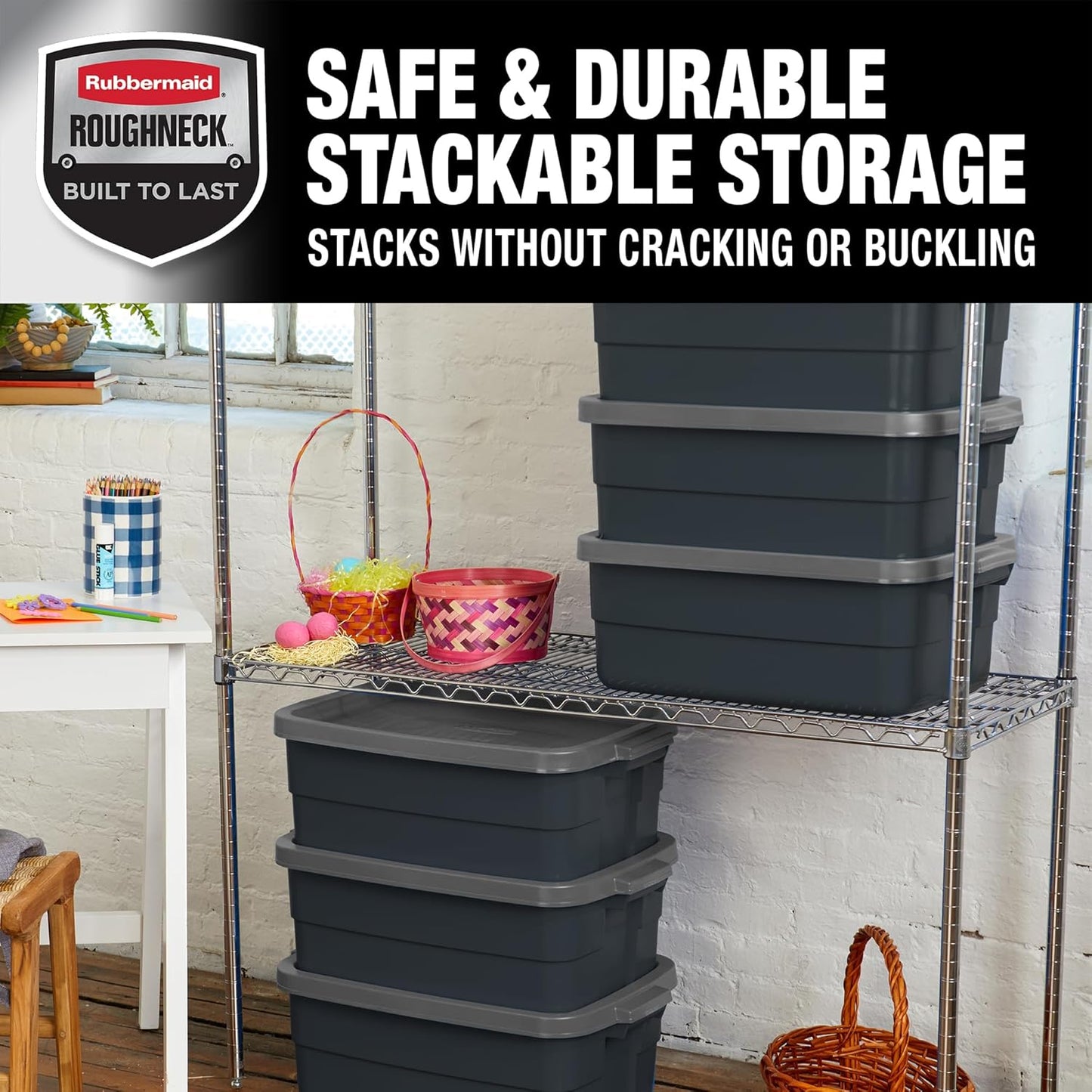 Rubbermaid Roughneck Tote 10 Gal, 6 Pack, Made in USA, Black & Gray, Rugged Plastic Stackable Storage Bins with Lids and Handles