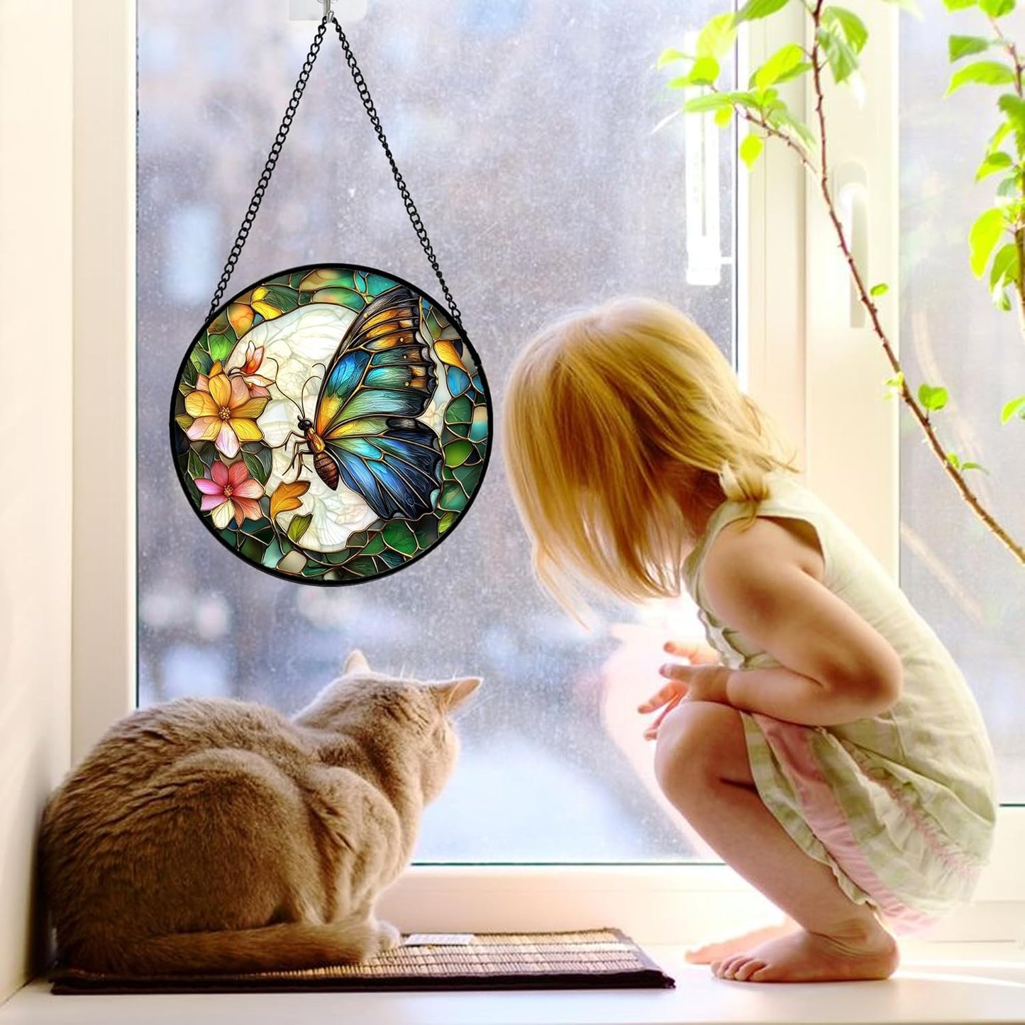 Stained Glass Window Hanging, Butterfly Flower Sun Catchers Diamond Glass Panel Hangings Insect Suncatcher Decor for Birthday for Women, Men, Wife, Aunt, and Mom 7.8 in