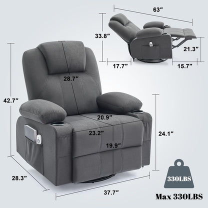 Oversized Swivel Rocker Recliner Chair with Heat and Massage, 360 Degree Swivel Rocking Single Sofa with Cup Holders and USB Port, Big Large Recliner Chair for Living Room (Fabric, Darkgrey)