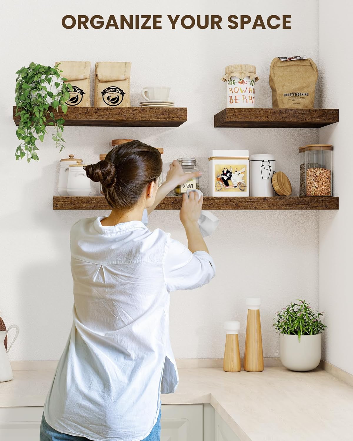 Marsmiles 72" Floating Shelves for Wall, Wooden Shelves with Invisible Brackets Set of 2, Rustic Farmhouse Wall Mounted Shelf for Kitchen Bathroom Living Room Study, Rustic Brown