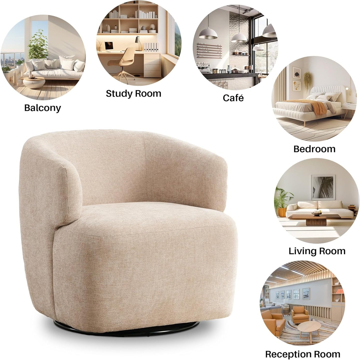 Swivel Accent Chair, Chenille Barrel Chair for Living Room, Cozy Round Boucle Arm Chair, Metal Base for Club Nursery Bedroom, Beige