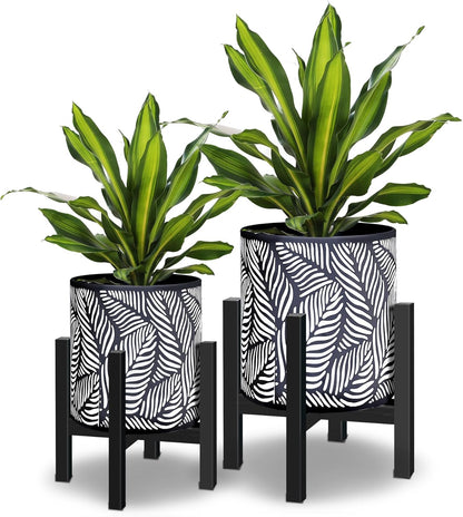 10 & 12 Inches Plant Pot with Stand Set of 2, Decorative Palm Leaves Printing Planter with Holder, Garden Pot for Snake Plant, Monstera, Houseplants - Indoor Outdoor Flower Pots with Drainage Holes