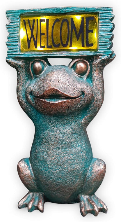 Frog Solar Welcome Garden Statues Outdoor Décor- Frog Figurines Solar LED Light Lawn Ornaments - Yard Decorations for Patio, Balcony, Backyard -Unique House Warming Gifts for Mom