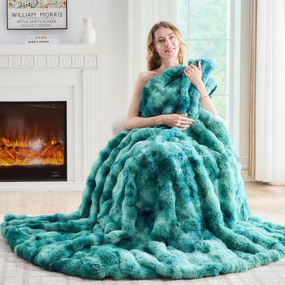 Lotus Karen Faux Fur Throw Blanket Tie-Dye Green - Big Bubble Rabbit Fluff Blanket for Couch, Large Fluffy Fuzzy Cozy Blanket,Thick Furry Plush Shaggy Blankets,108x90 Inches