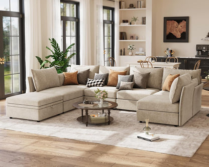 134.6" Oversized Modular Sectional Sofa, Large 7 Seater U Shaped Couch with Storage Ottoman with Reversible Chaise Deep Seat for Living Room, Apartment - Chenille Beige