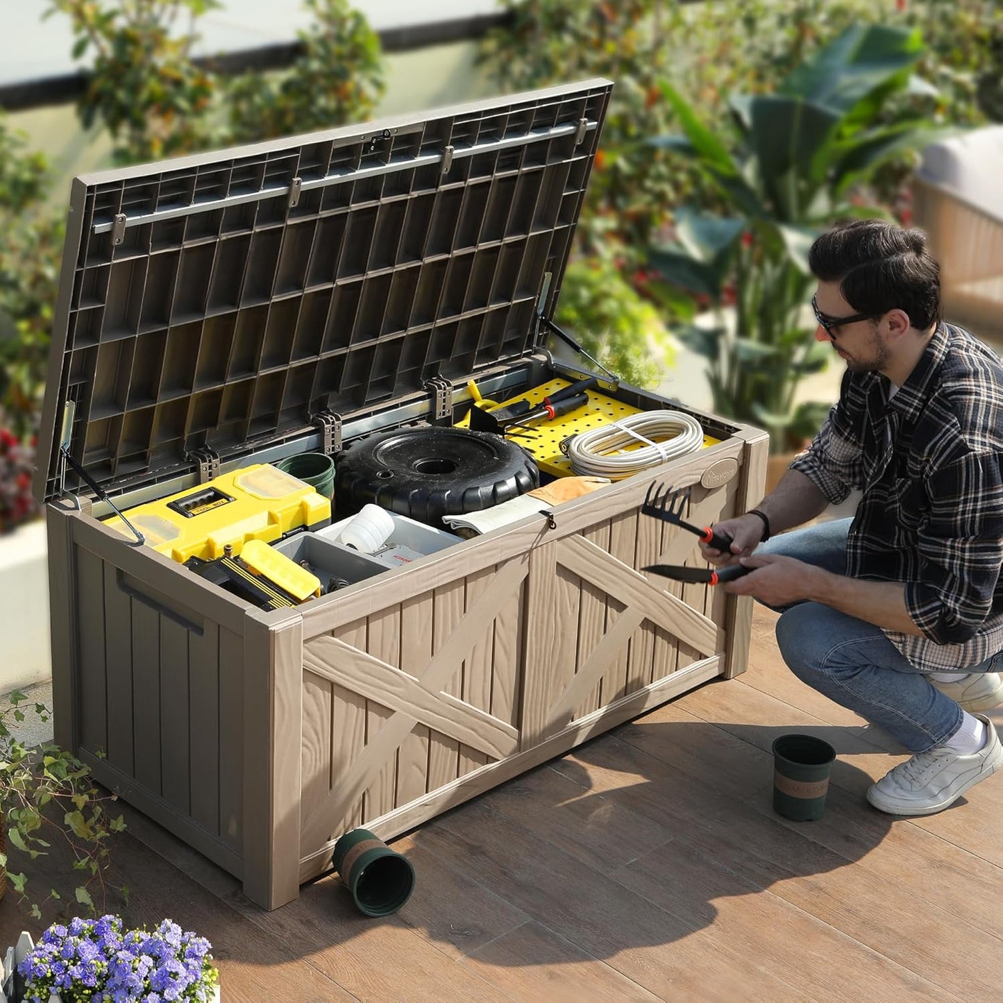 YITAHOME 120 Gallon Large Outdoor Storage Box with X-Shaped Front, Waterproof Resin Deck Box Cushion Storage Bench for Patio, Pool Supplies, Garden Tools- Lockable, Taupe