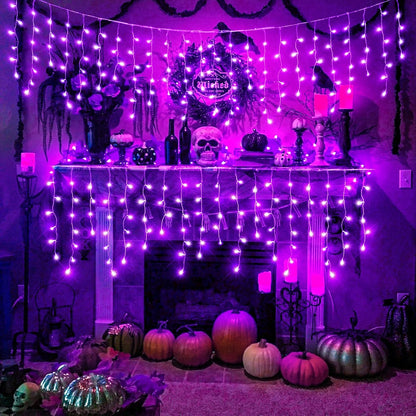 640 LED Purple Halloween Lights Outdoor, 66FT Icicle Lights for Outside with 8 Modes 120 Drops, Waterproof Plug in String Curtain Light for Indoor House Room Patio Party Decorations