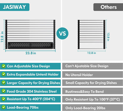 Roll Up Dish Drying Rack, Expandable (12.8"-23.8" D x 12.8" W) Stainless Steel Portable Over The Sink Dish Drainer for Kitchen Sink Counter, Foldable Sink Cover with Removable Utensil Holder