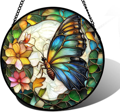 Stained Glass Window Hanging, Butterfly Flower Sun Catchers Diamond Glass Panel Hangings Insect Suncatcher Decor for Birthday for Women, Men, Wife, Aunt, and Mom 15x15 in