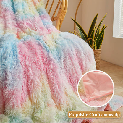 XeGe Luxury Faux Fur Blanket, Rainbow Soft Big Fluffy Throw, Shaggy Plush Decorative Couch Throw, Cute Furry Fuzzy Blanket for Bed Bedroom Living Room Rainbow, 60x90