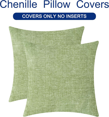 CaliTime Throw Pillow Covers Decorative 18 X 18 Inches Pack of 2 Cozy Chenille Cushion Cases for Couch Sofa Bed Living Room Home Sage Green