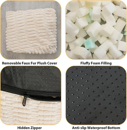 Round Stuffed Pouf Ottoman for Foot Rest, Storage Ottoman Pouf Foot Stool Cushion, Faux Fur Poufs with Foam Chunk Filling, 26 X 18 Inch Floor Chair for Living Room Bedroom Home Decor, Beige