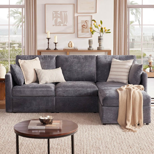 Tbfit Convertible L Shaped Couch, Sectional Sofa for Living Room,Chenille Cloud Couch with Ottoman