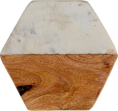 Creative Co-op Marble & Mango Wood Hexagon Coasters (Set of 4 Pieces)