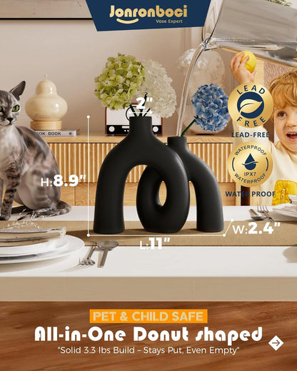 Matte Black Vase Set - Hug Hollow Donut Aesthetic Ceramic Vases Home Decor, Modern Nordic Minimalist Decorative Vase for Table Centerpiece Bookshelf Office Entryway Console Fireplace (Black)