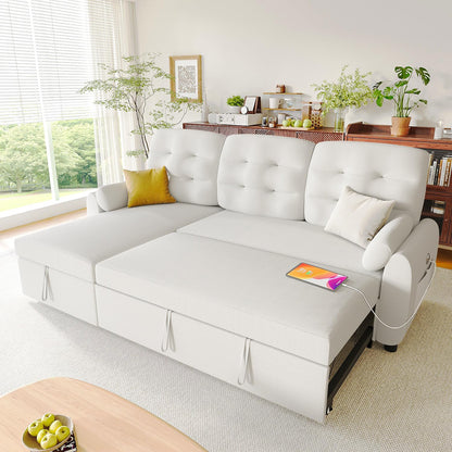 Ucloveria Sleeper Sofa Bed, 86" Convertible Sectional Sofa Couches for Living Room, 4 in 1 Pull Out Couch Bed with Reversible Storage Chaise | USB Ports | Side Pockets | Removable Backrest