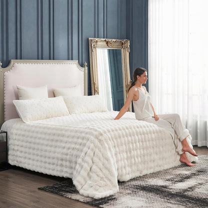 Cozy Bliss Faux Fur Throw Blanket for Couch, Fuzzy Soft Plush Thick Bubble Blanket for Sofa Bedroom Living Room, 90 * 90 Inches Cream White