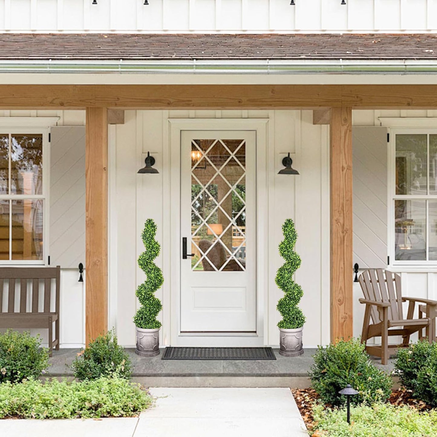 3FT Artificial Spiral Boxwood Topiary Trees with Antique-White Roman-Style Planter - Outdoor&Indoor Year-Round Garden, Porch, Entryway Decor (2 Pack)