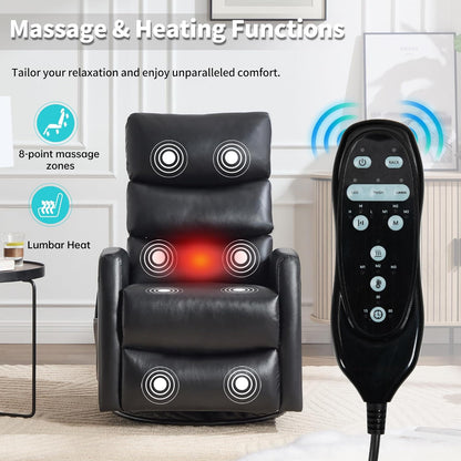 Manual Swivel Rocker Recliner Chair for Adults, Overstuffed Reclining Glider Chair for Nursing with Vibration Massage & Heat, Living Room Rocking Recliner 3-Stage backrest, Faux Leather Black