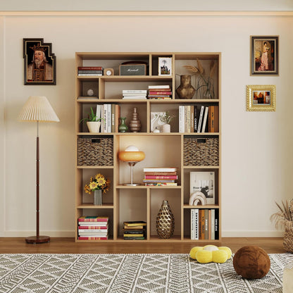 71" Tall 6-Tier Heavy Duty Bookcase with 2 Foldable Storage Baskets, 55" Wide Open Bookshelf with 16 Irregular Cubes for Living Room, Office （Yellow）