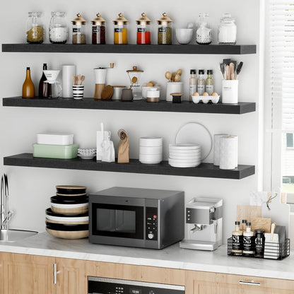 Fun Memories 55 Inch Floating Shelves - 9 Inch Deep Rustic Wooden Wall Shelves - Extra Deeper & Thicker Wall Mounted Storage Shelf for Living Room Kitchen Farmhouse - Rustic Black