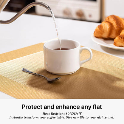 LEXMORE Placemats Set of 4 Vinyl/Plastic Woven Place Mats for Kitchen Table Indoor/Outdoor Washable Placemat Wipeable Dining Table Mats(G-Gold Cube)