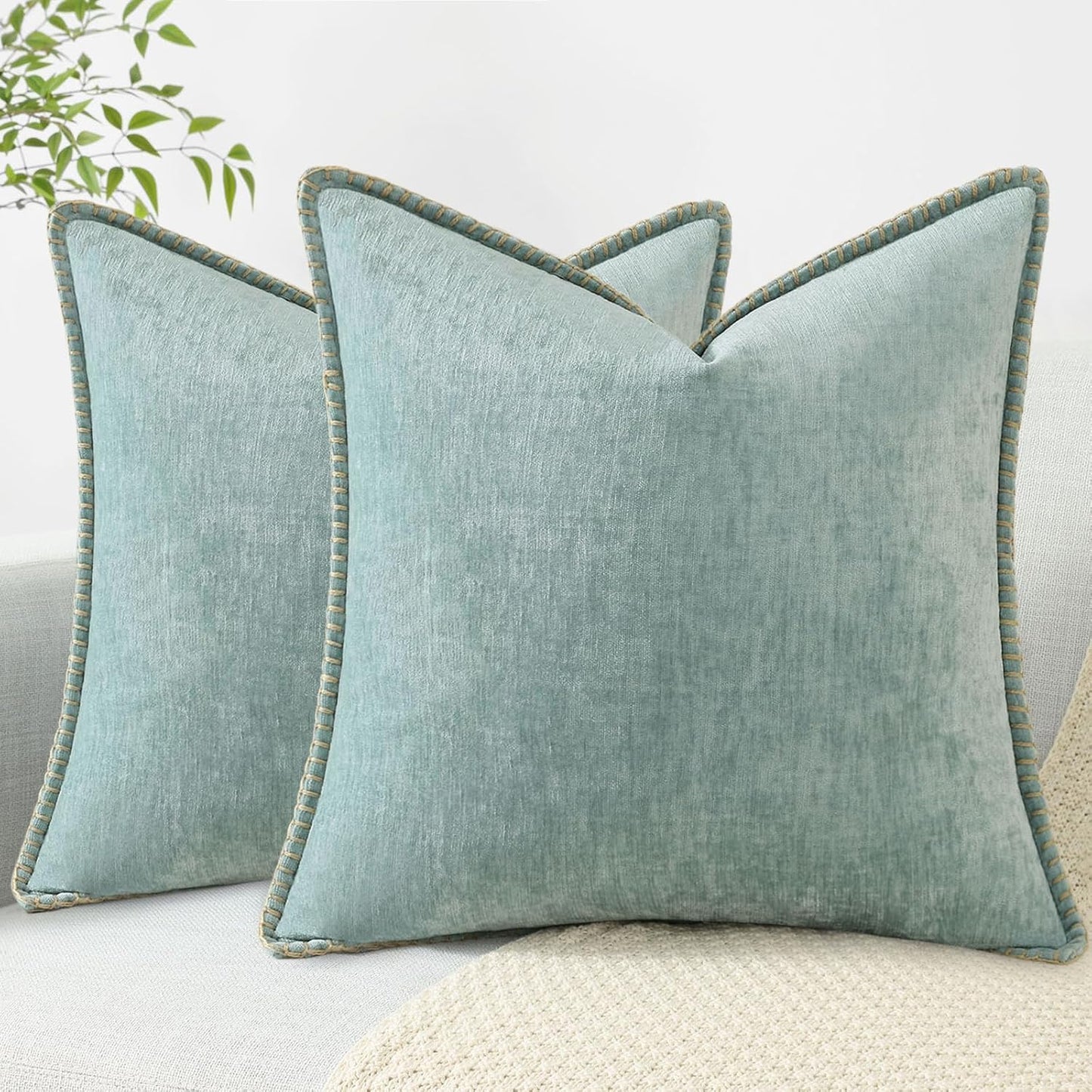 decorUhome Chenille Soft Throw Pillow Covers 24x24 Set of 2, Farmhouse Velvet Neutral Decorative Euro Pillow Covers with Stitched Edge for Couch Sofa Bed Home Decor, Aqua Haze