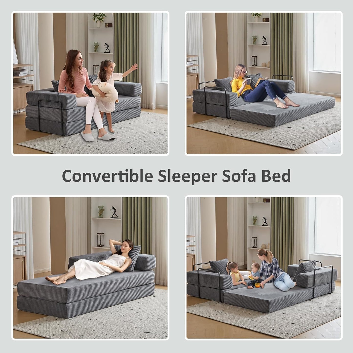 Convertible Sleeper Sofa Bed, Compression Folding Sofa with Pillow, No Assembly Required, Shape Frame, Floor Sofas Lounge Couch for Living Room, Bedroom, Small Spaces(Corduroy, 77''W, Dark Grey)