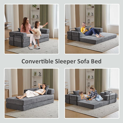 Convertible Sleeper Sofa Bed, Compression Folding Sofa with Pillow, No Assembly Required, Shape Frame, Floor Sofas Lounge Couch for Living Room, Bedroom, Small Spaces(Corduroy, 77''W, Dark Grey)