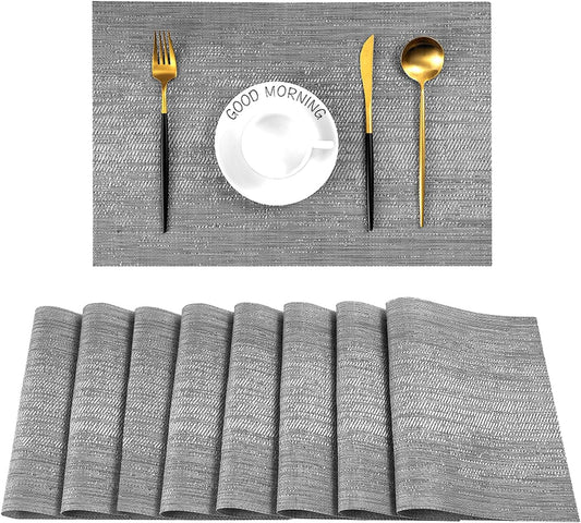 Leetaltree Grey Placemats, Heat Resistant Non-Slip Place mats for Dining Table, Washable Durable PVC Vinyl Woven Table Mats (Set of 8)
