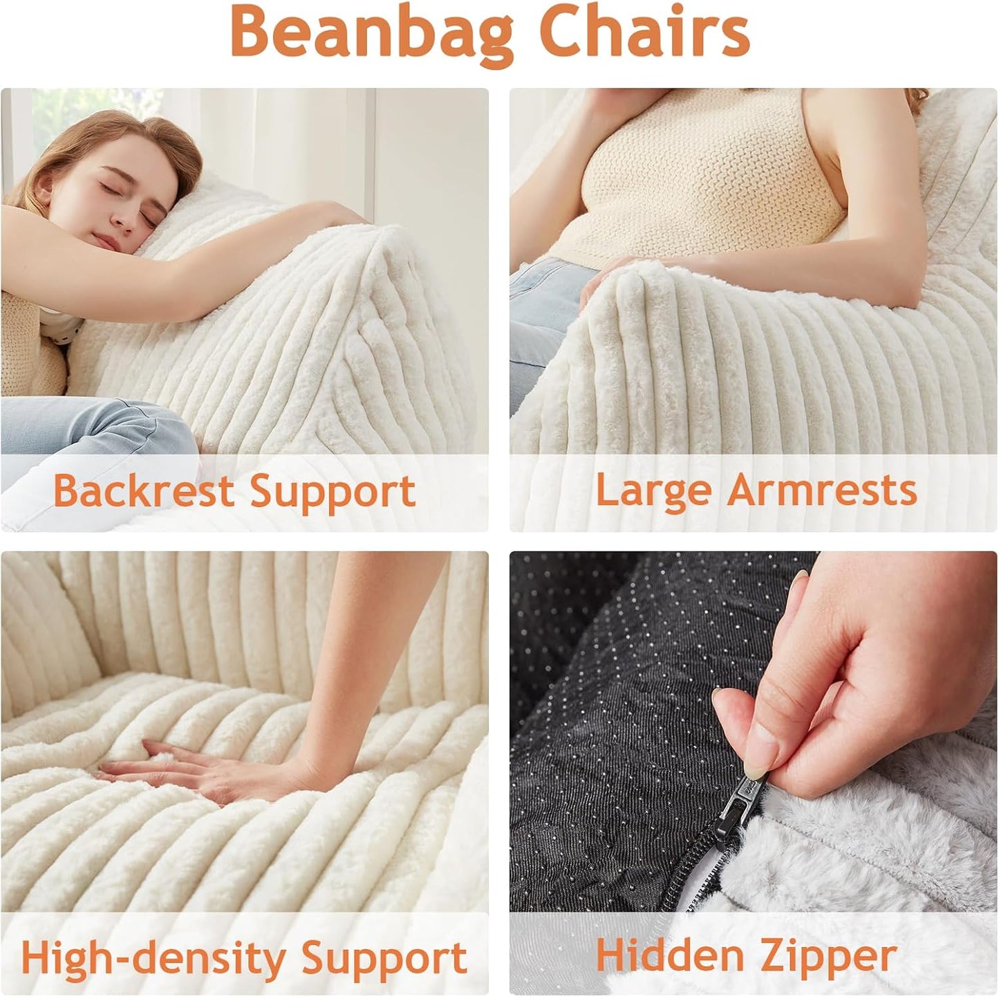 Giant Bean Bag Chairs for Adults with Filling Plush Fluffy Bean Bag Chairs for Teens with Armrests Comfy BeanBag Lazy Couch Sofa Chair for Bedroom Living Room Reading