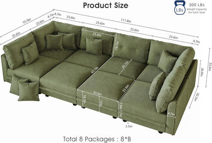 LLappuil Modular Sectional Sofa with Storage Seats, Corduroy Convertible Modular U Shaped Sectional Couch for Living Room, 8 Seat Oversized Sofa with 8 Back Cushion 8 Throw Pillow, Green