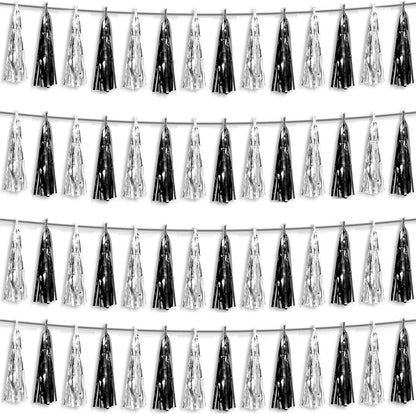 4P Black Silver Foil Fringe Metallic Tassel Streamers Banner Tassel Garland for Parade Floats, Graduation, Wedding, Birthday, Halloween, Christmas, Bridal/Baby Shower Party Decorations