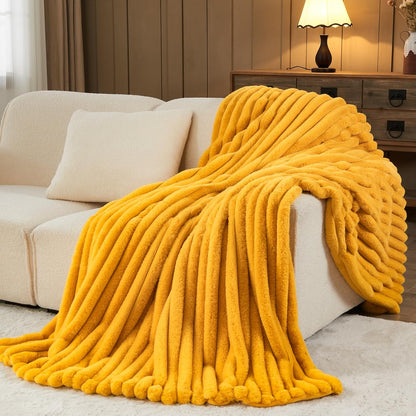 NEWCOSPLAY Faux Fur Twin Blanket Mustard Yellow 3D Ribbed Plush Thick Warm Blanket for Couch Sofa Bed 850GSM (Mustard Yellow Ribbed, Twin(60"x80"))