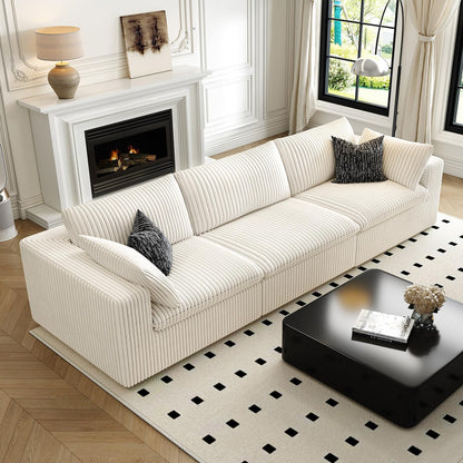 118" Cloud Couch Modular Sectional Sofa for Living Room,Modern Sofa with Deep Seat，3 Seater Boneless Couch,Comfy Upholstered Corduroy Couches for Apartment, Studio, Office,Bedroom，White