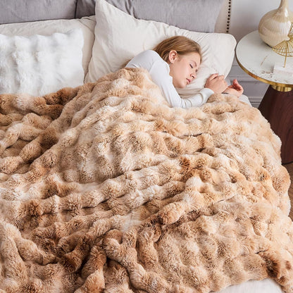 NEWCOSPLAY Faux Fur Throw Blanket Tie-dye Beige Luxury Fluffy Thick Warm Bubble Blanket for Couch Sofa Bed 700GSM (Tie-dye Beige, Throw(50"x60"))