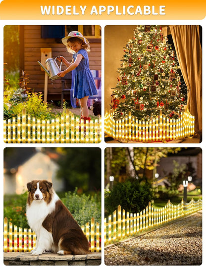 Hopolon 8 Pack White Picket Fence for Garden, 11.1in (H) X 9.1ft (L) Garden Fence Border with 144 Led Solar Lights and Remote, Decorative Mini Pocket Fence for Small Flower Path Tree Yard Pet Barrier
