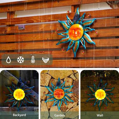 Goodeco Solar Sun Face Wall Art – Metal Outdoor Wall Decor with Solar LED Lights for Garden & Patio - Weather Resistant, Smiling Sun Face Design (18 inch, Blue)