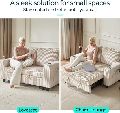LINSY HOME Loveseat Sofa with Pull Out Couch Chaise: 2-in-1 Convertible 2 Seater Sofa with USB Charging & Cup Holders, Comfy Plush Corduroy Love Seat for Small Spaces Living Room Apartment, Beige